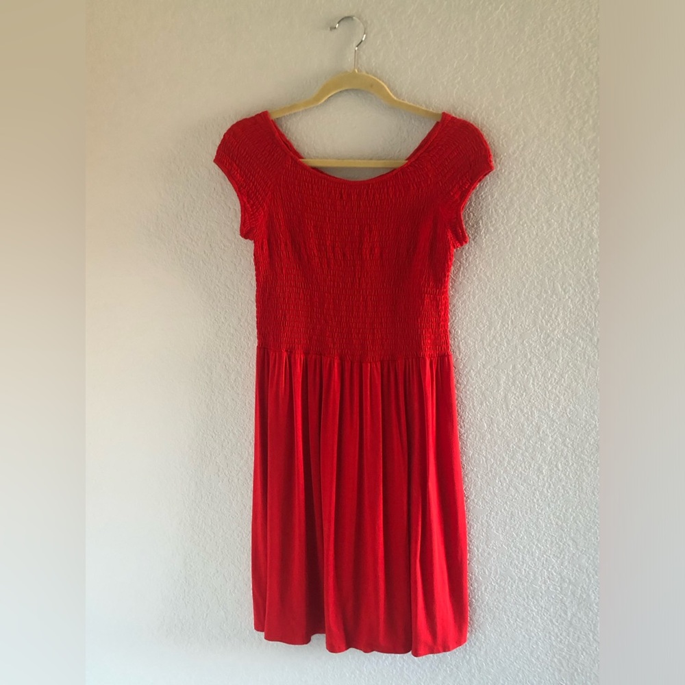 VENUS red smocked dress, size Medium.